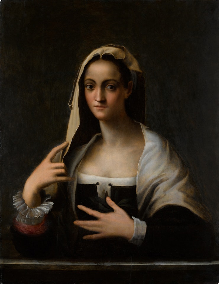 Portrait of a woman holding a crown of laurels, half-length by Sebastiano del Piombo