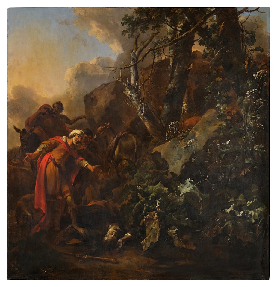 Mountainous landscape with a prophet of Judah being killed by a Lion by Nicolaes Pietersz Berchem