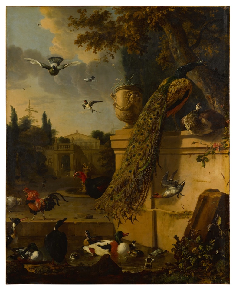 A peacock and a peahen on a stone parapet in a garden, surrounded by ducks and other ornamental fowl, before a grand palace by Melchior de Hondecoeter