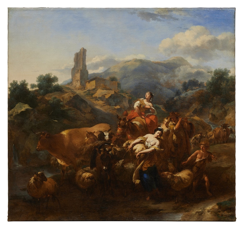 Italianate river landscape with a shepherdesses, a shepherd playing the flute, animals, and ruins by Nicolaes Pietersz Berchem