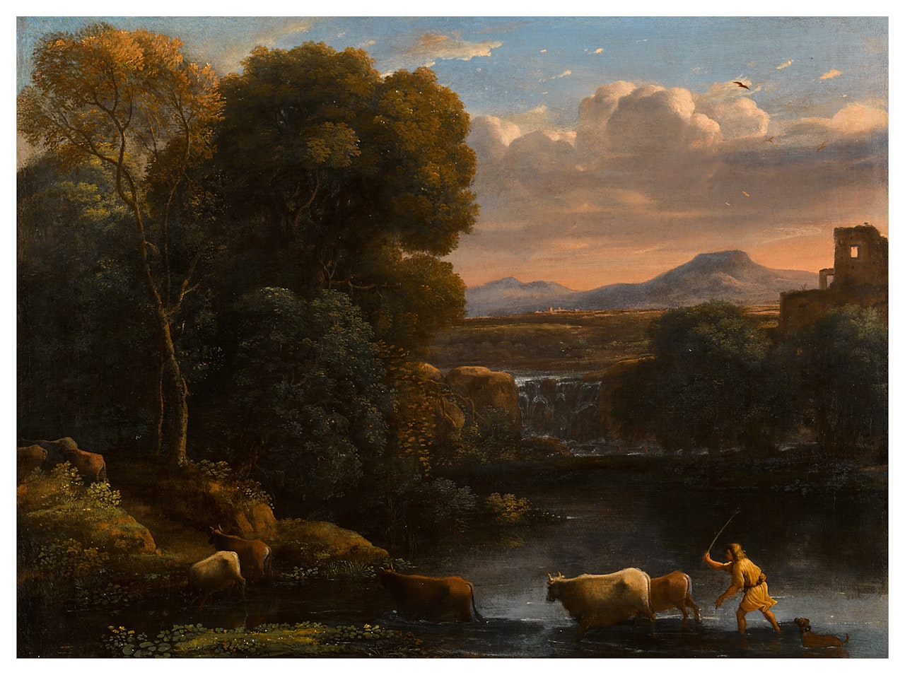 Italianate landscape with a drover and his dog driving his cattle across a ford, a waterfall beyond by Claude Lorrain