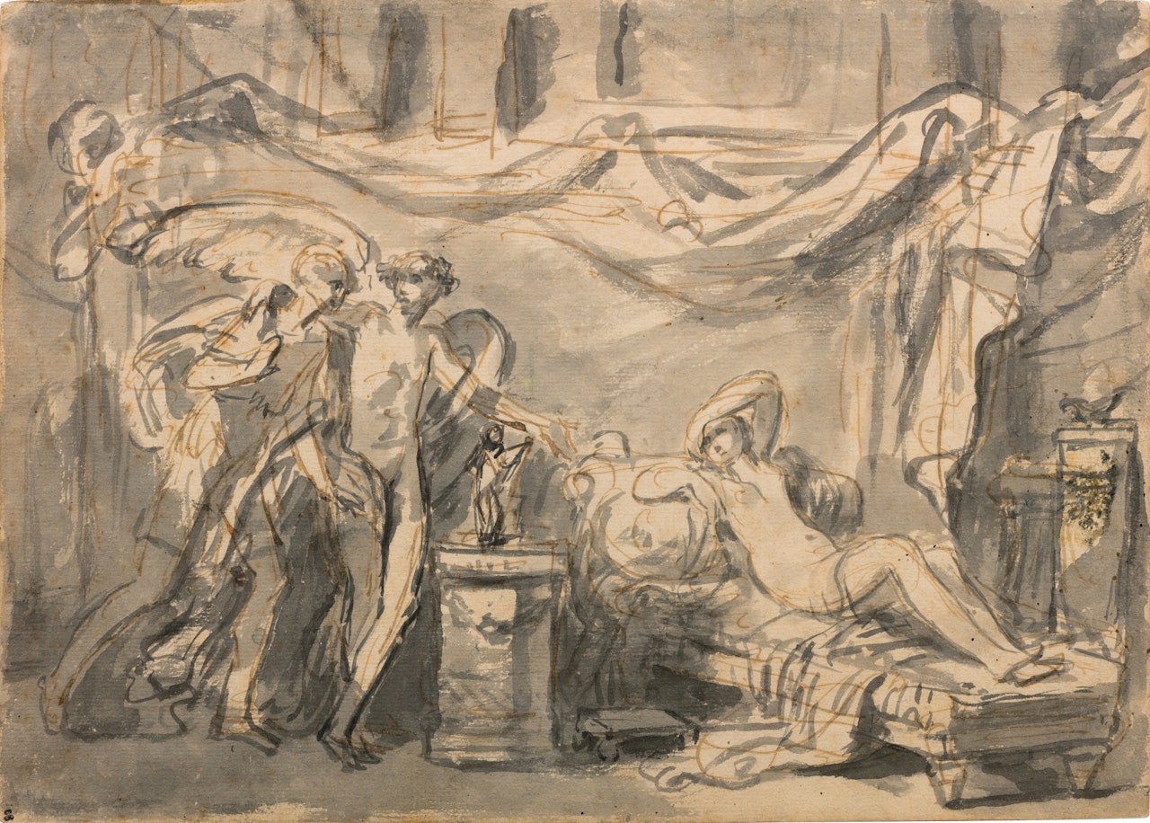L’Amour conduisant un jeune homme vers le lit où repose une femme nue by Jean-Baptiste Greuze