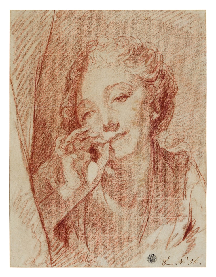 A young woman appearing behind a curtain, her hand at her mouth by Jean-Baptiste Greuze