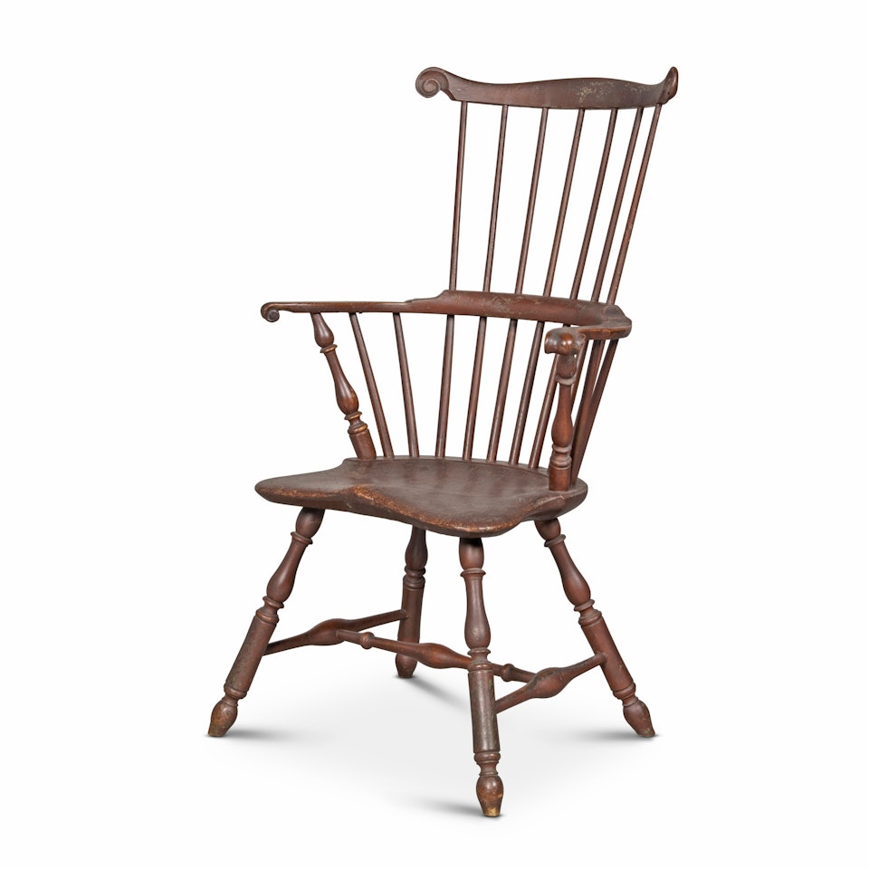 Important and Exceptional Redddish Brown-Painted Scroll-Carved Comb-Back Knuckled Windsor Armchair by Unknown (Philadelphia, Pennsylvania)