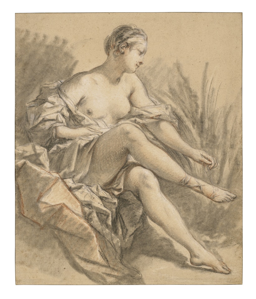 A seminude woman seated among reeds by Francois Boucher