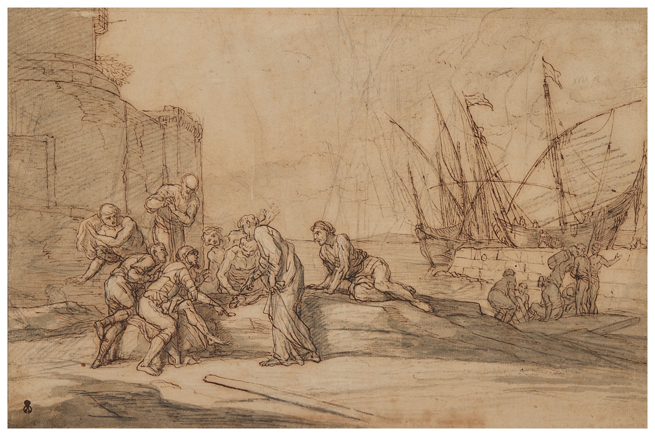 A harbor scene with men arguing over a fish; possibly the Miracle of the coin in the fish's mouth by Claude Joseph Vernet