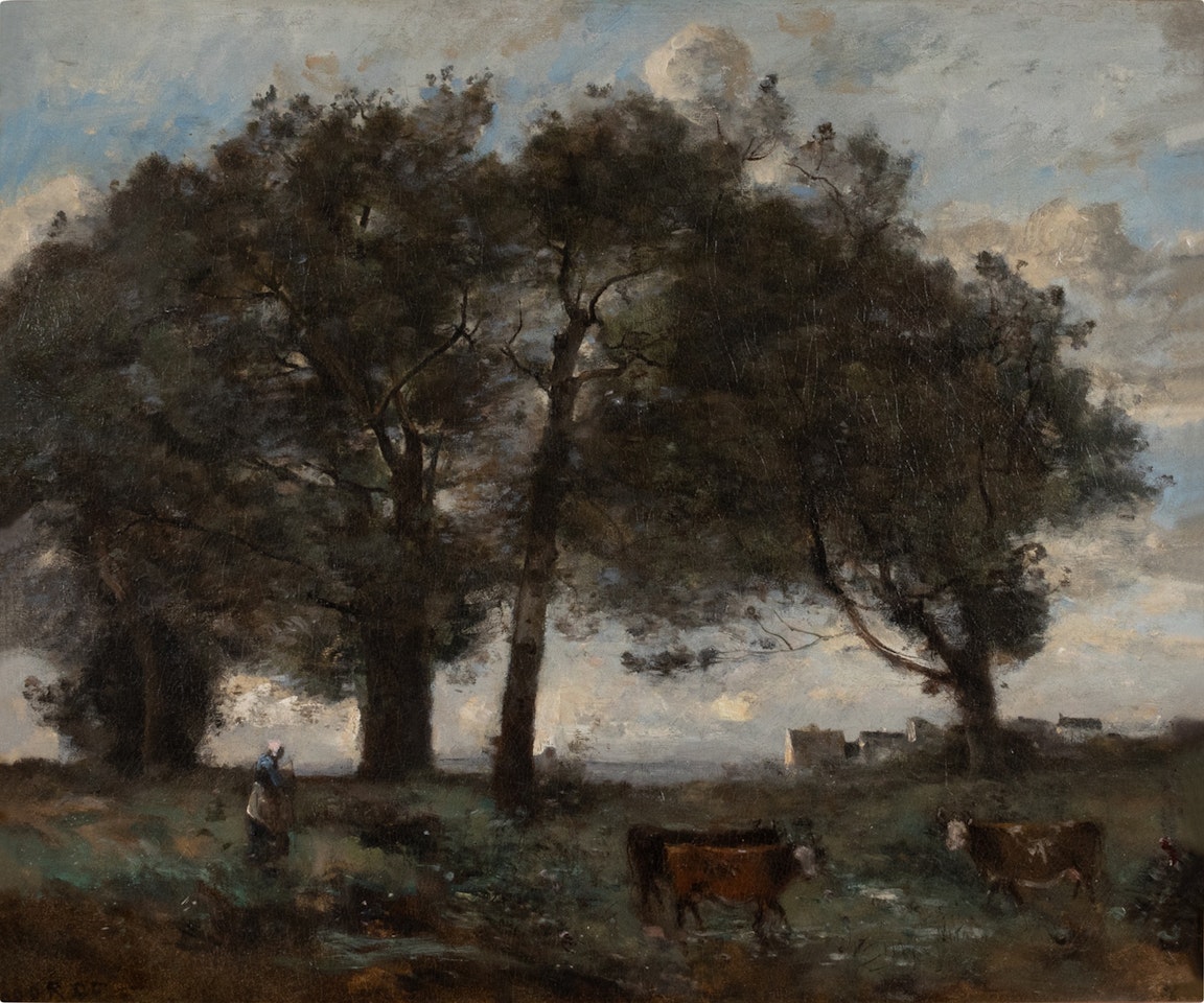 Marécage boisé avec trois vaches by Jean Baptiste Camille Corot