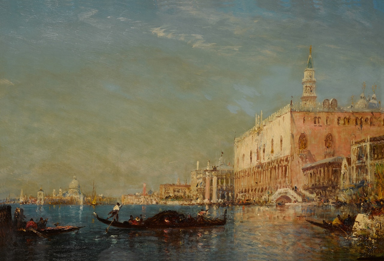 Gondoliers in the Bacino, Palazzo Ducale Beyond by Félix Ziem