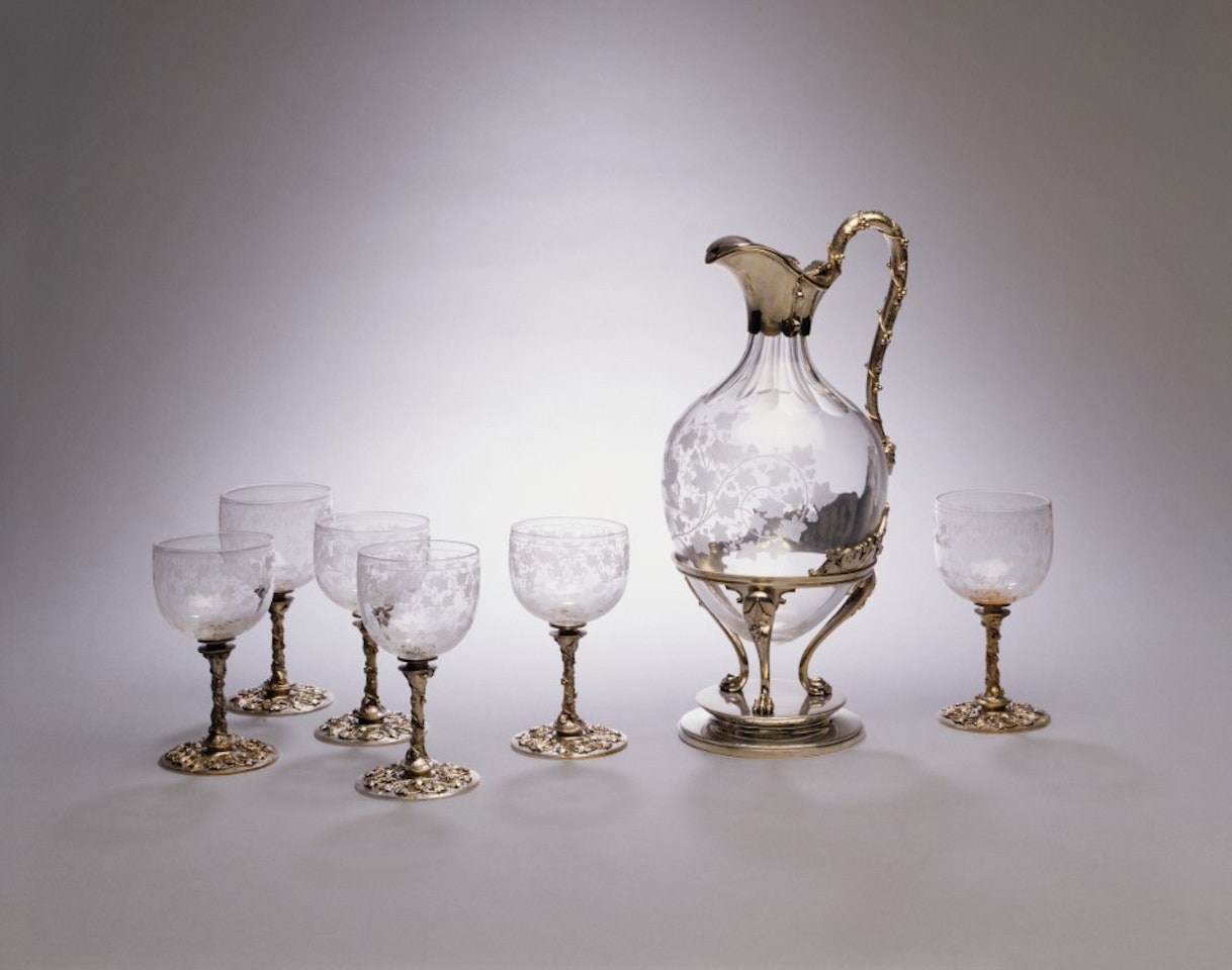 American Silver-Mounted Claret Jug and Six Matching Glasses by Tiffany & Co.