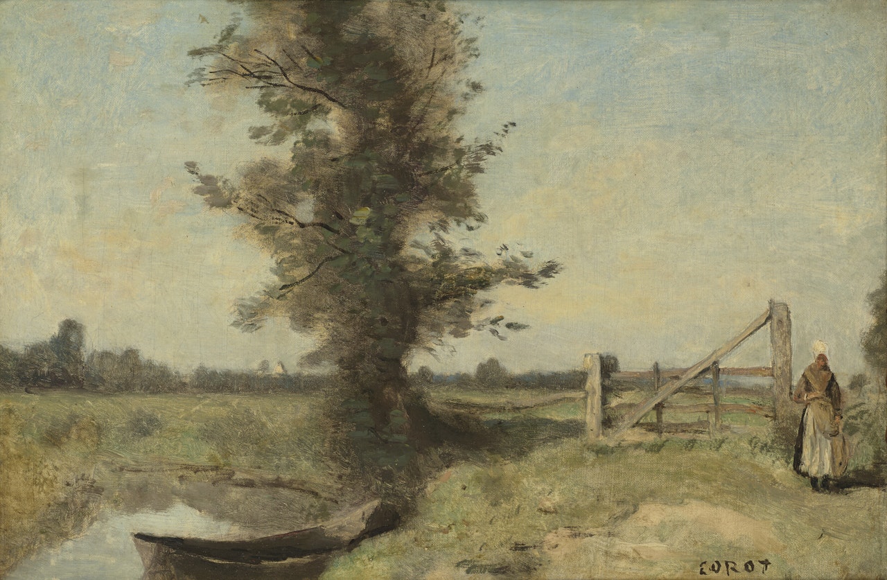 Une Barrière dans les prés au bord d’un canal, environs d’Abbeville by Jean Baptiste Camille Corot