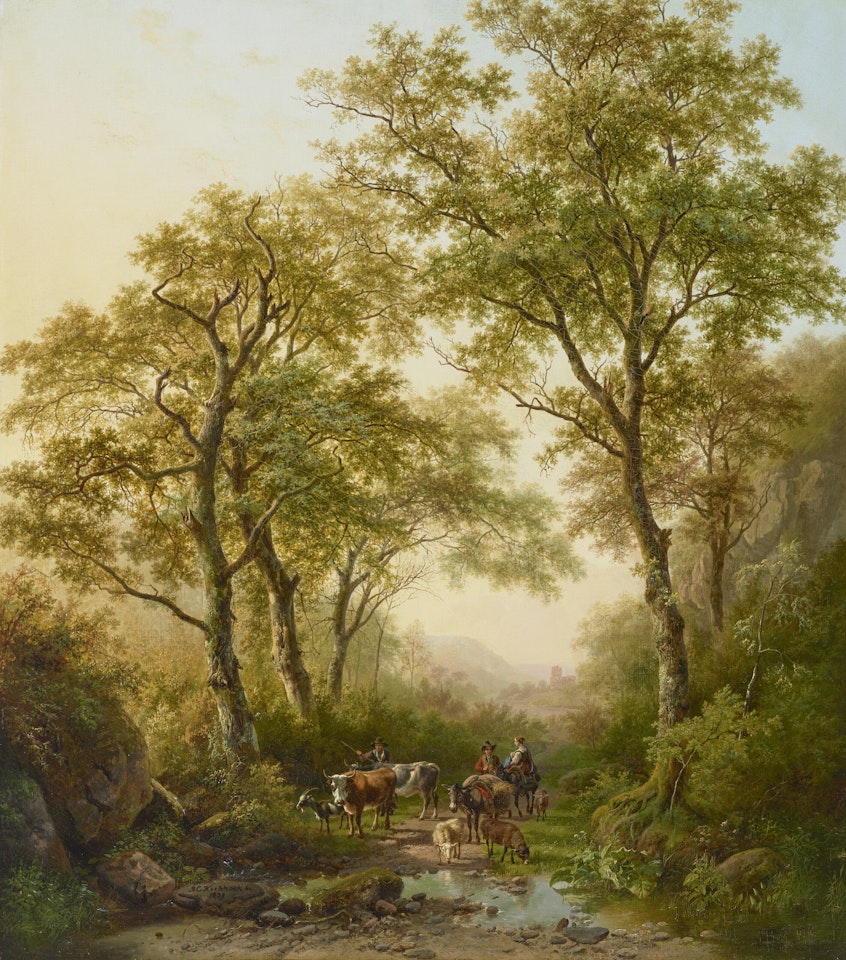 Op weg naar de markt: A wooded landscape with travellers on their way to the market by Barend Cornelis Koekkoek