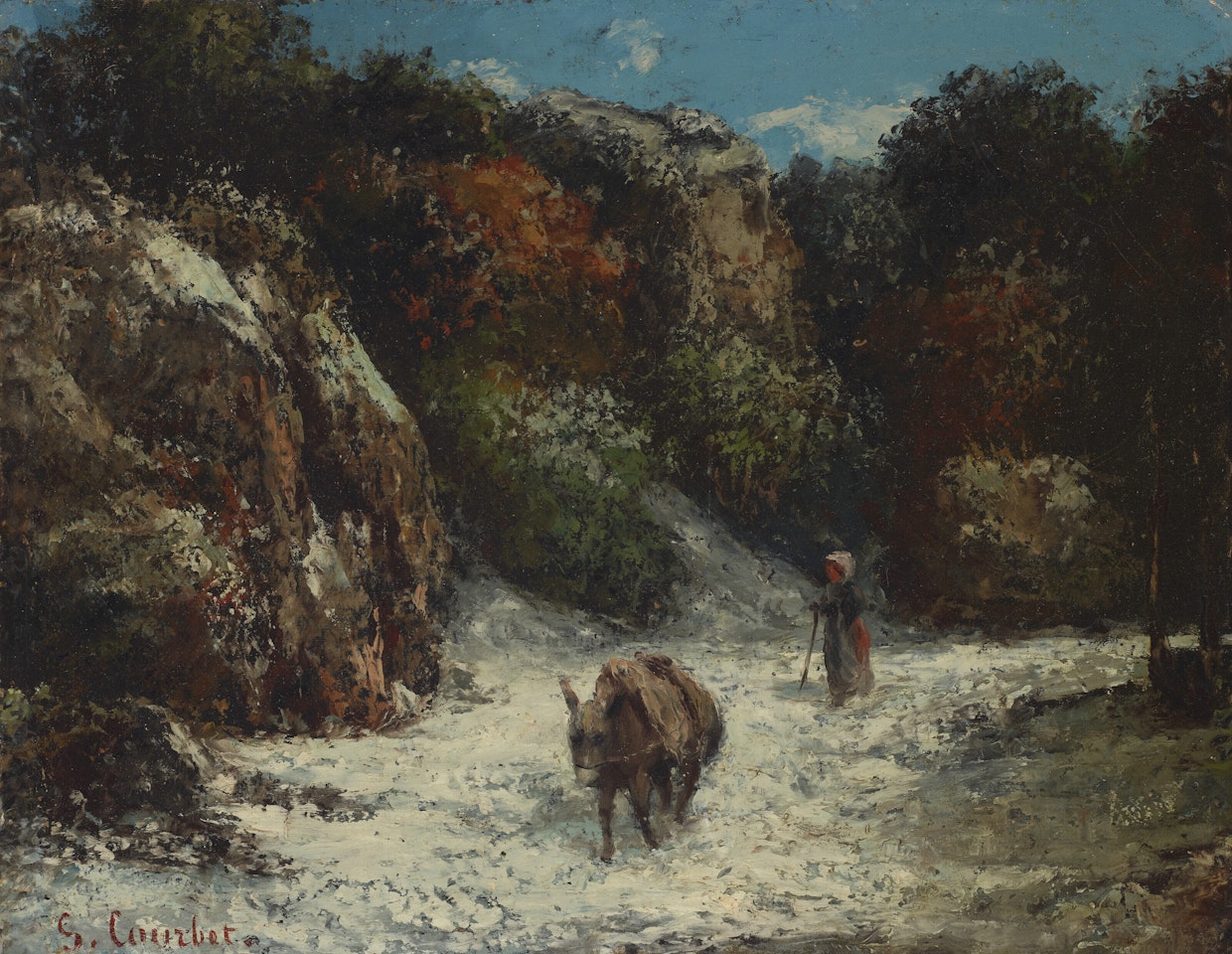 La femme et l'âne dans un paysage de neige by Gustave Courbet