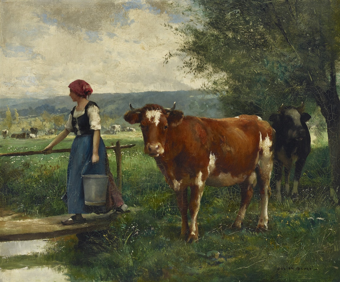 Femme sur passerelle, vaches près mare by Julien Dupré