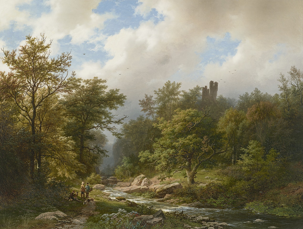 A Hunter and Hounds in a Wooded River Landscape with a Castle Beyond by Barend Cornelis Koekkoek