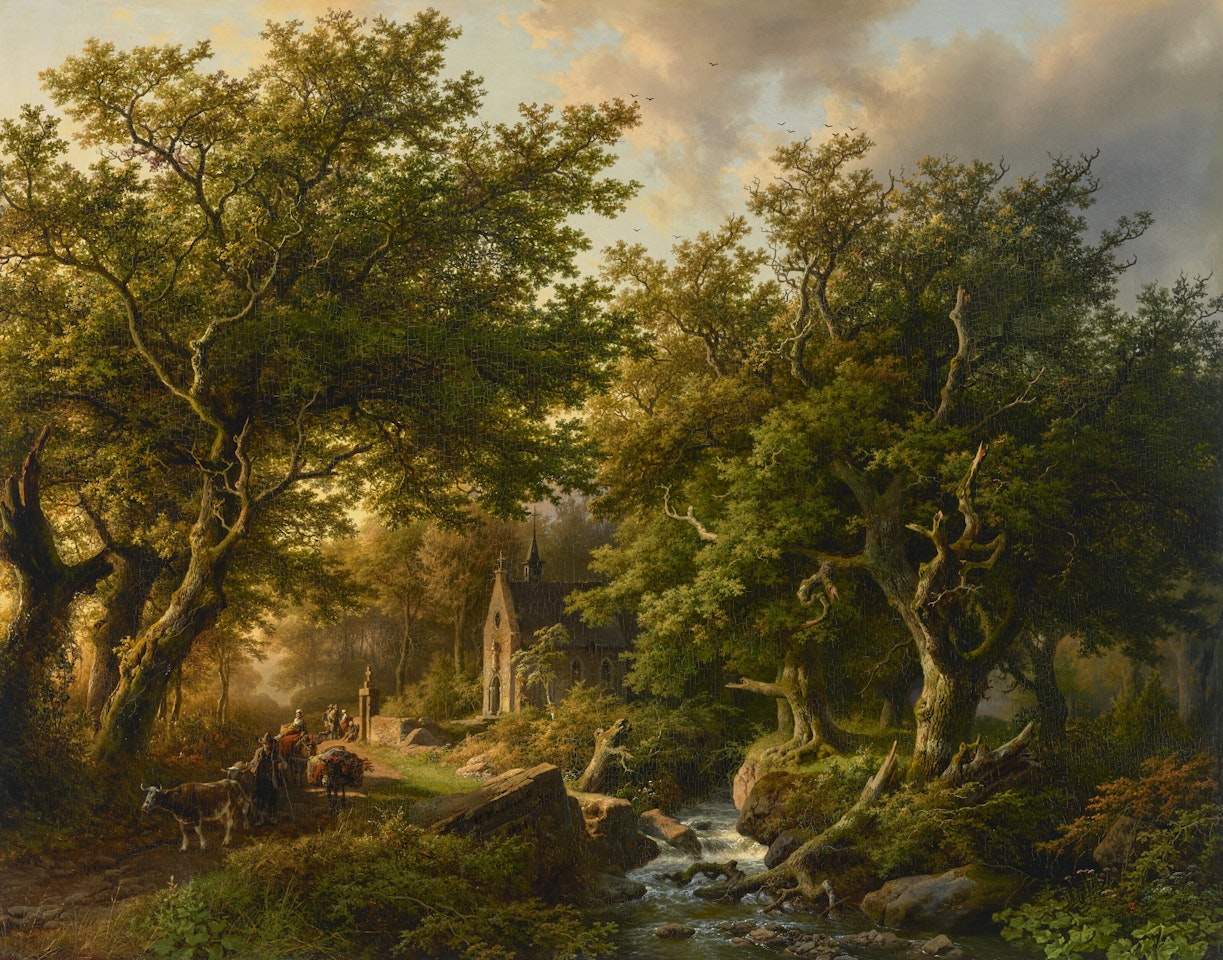 A Wooded Landscape with Travelers Passing a Chapel near a Stream by Barend Cornelis Koekkoek