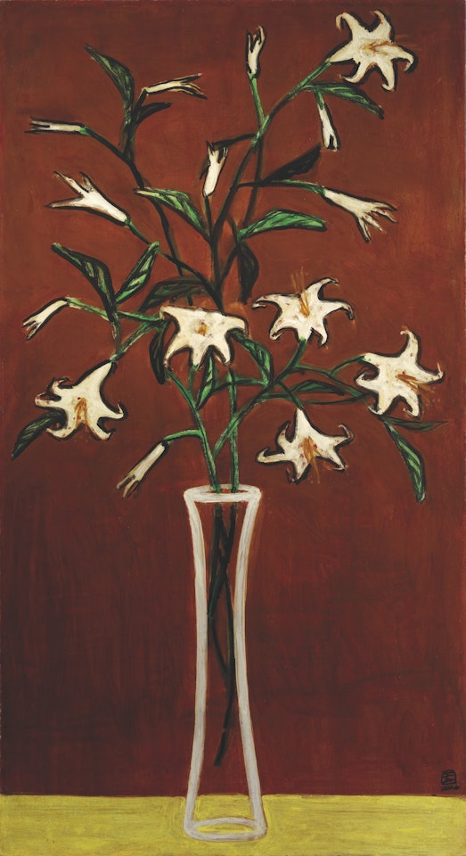 Vase de lys sur fond marron (Vase of Lilies with Red Ground) by Sanyu