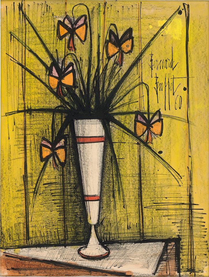 Vase de fleurs sur fond jaune by Bernard Buffet