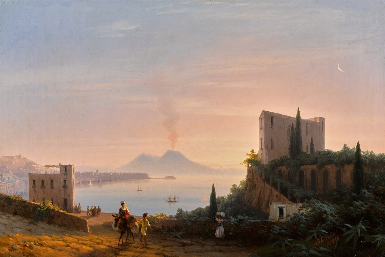 A Pair of Southern Italian Views: View of the Gulf of Naples from Posilippo with the Palazzo Donn"Anna, New Moon and a View of the Bay of Pozzuoli on a Moonlit Night, with the Islands of Nisida and Ischia in the Background, Full Moon by Ivan Konstantinovich Aivazovsky