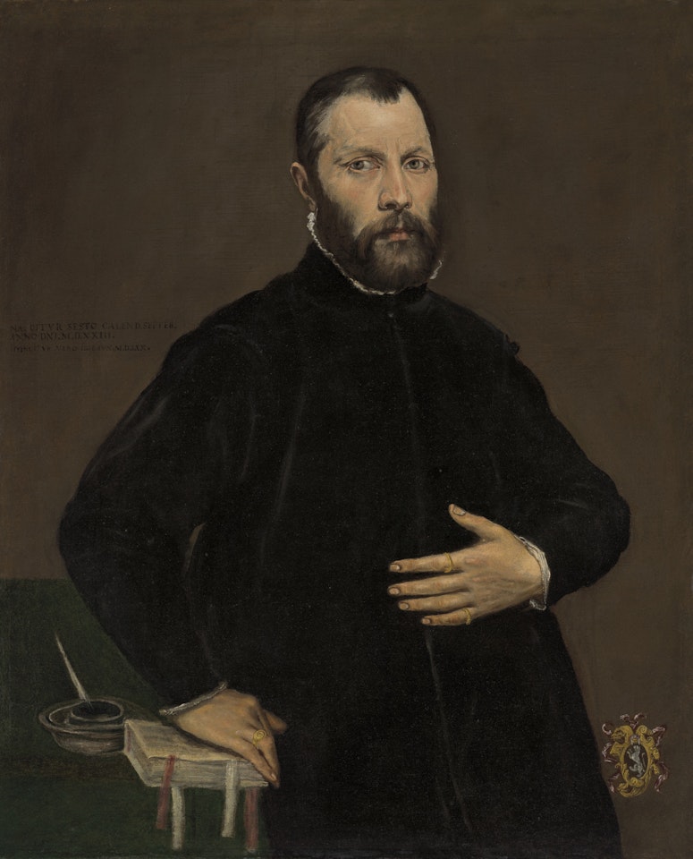Portrait of a gentleman, half-length, in black, his right hand resting on a book by El Greco