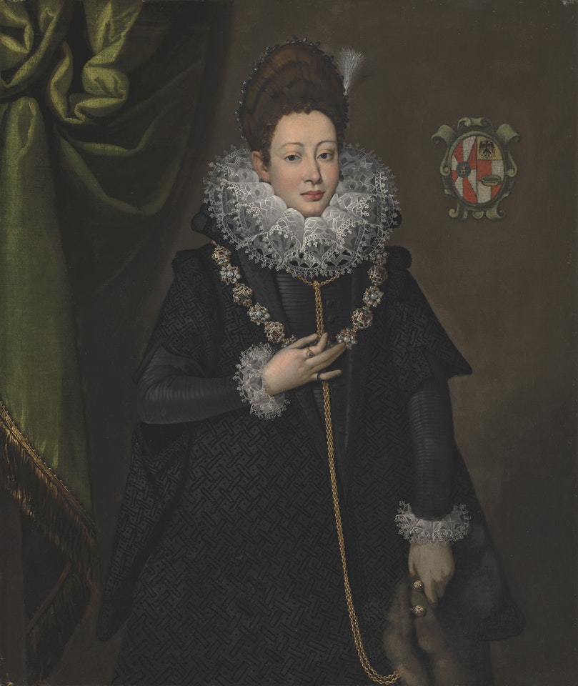 Portrait of Bianca Lucia Aliprandi, née Crivelli, three-quarter-length, in a black brocade dress, with a jewelled necklace and fur muff by Lavinia Fontana