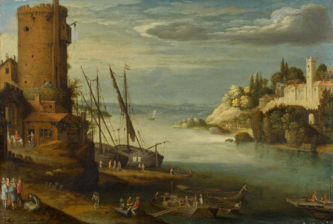 A river landscape with a fort by Paul Bril