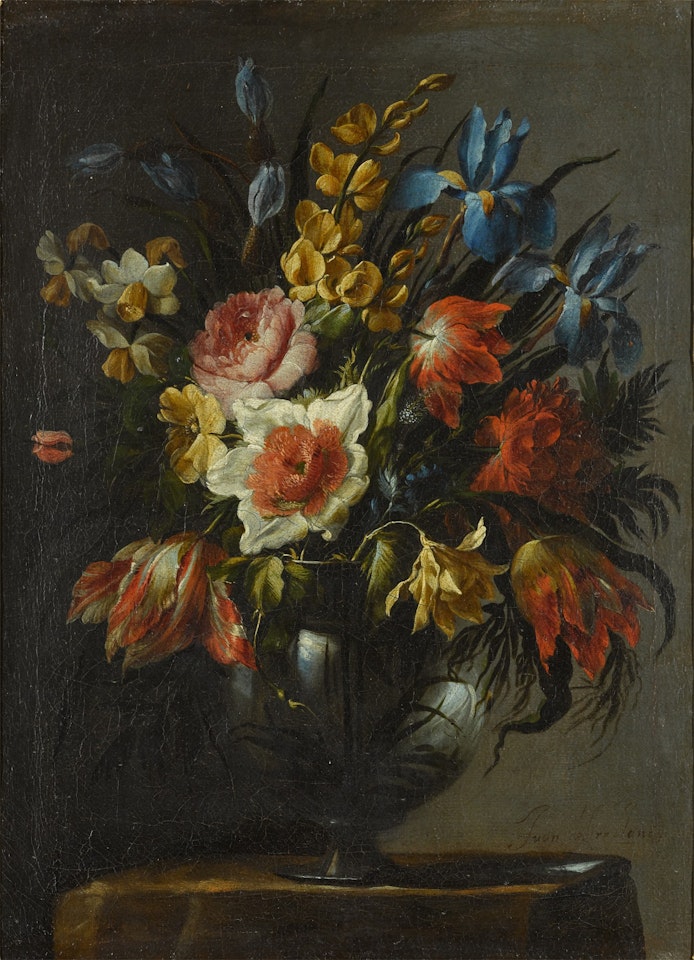 Still life of flowers, including tulips, iris and narcissi, in a glass vase by Juan de Arellano