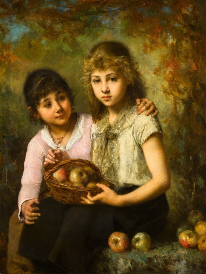 Two Girls with a Basket of Apples by Alexei Harlamoff