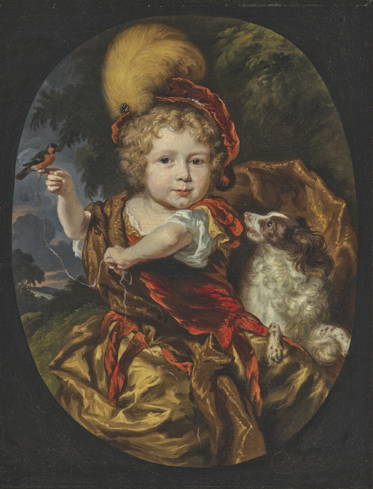 Portrait of a young boy in classical costume holding a bird, with a spaniel, in a feigned oval by Nicolaes Maes