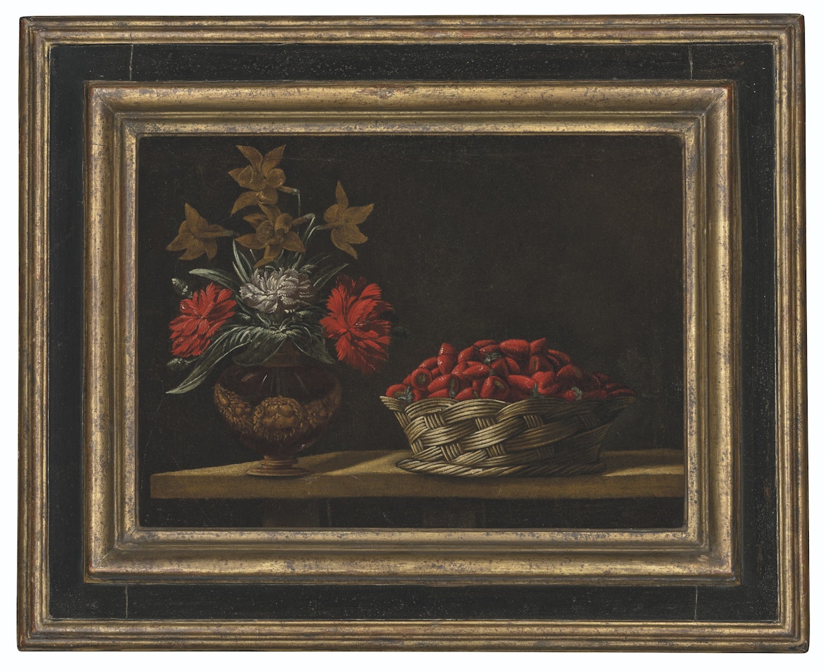 Strawberries in a wicker basket with a vase of flowers on a ledge by Spanish School