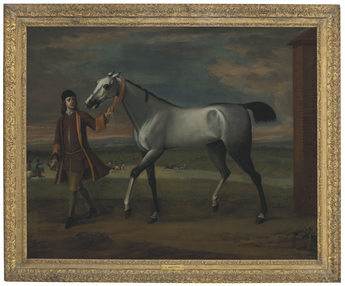 A grey racehorse on Newmarket Heath held by a groom by John Wootton