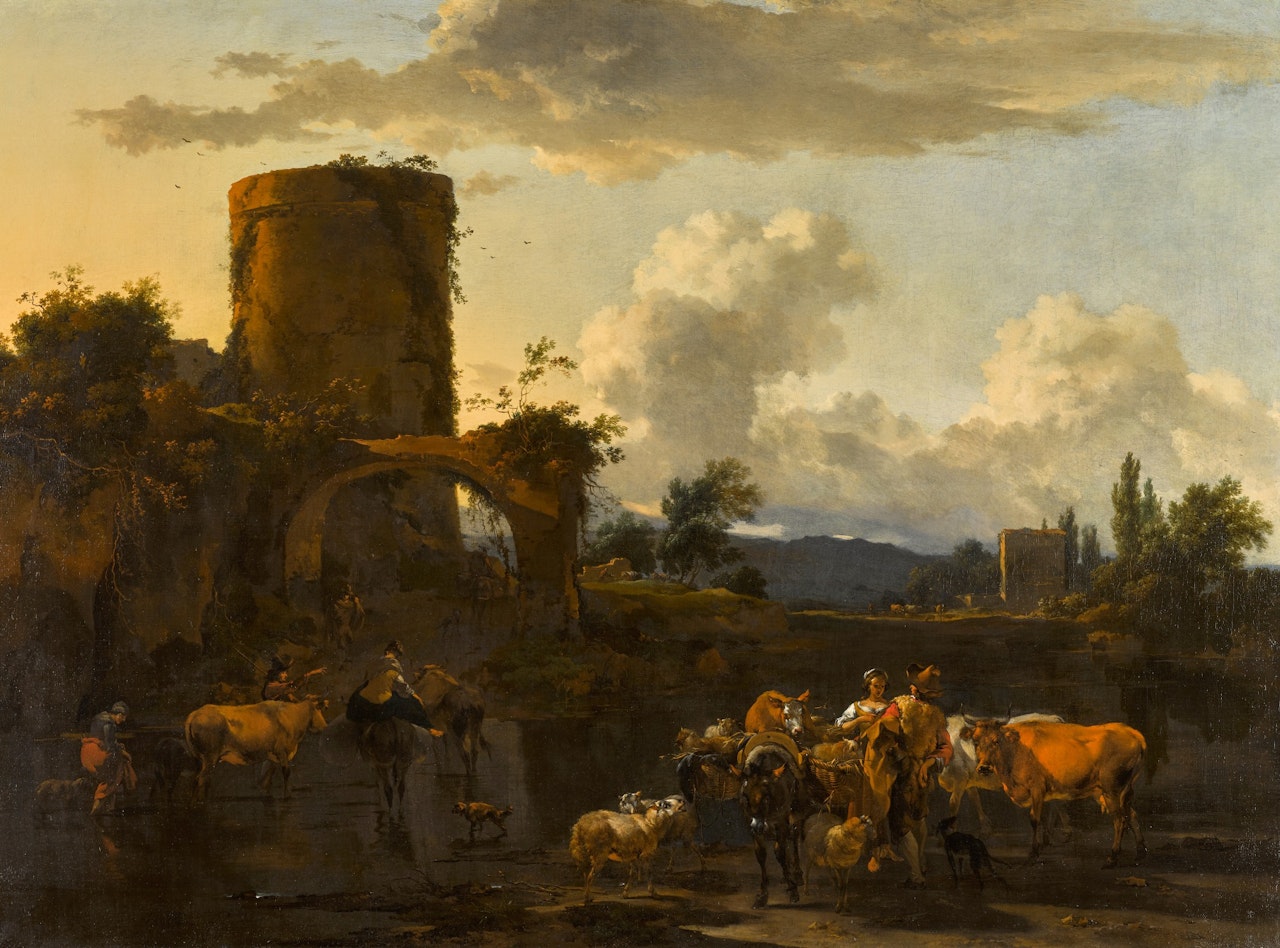 An evening landscape with drovers and their animals by a river 《傍晚風景：河邊的牧人與牲畜》 by Nicolaes Pietersz Berchem