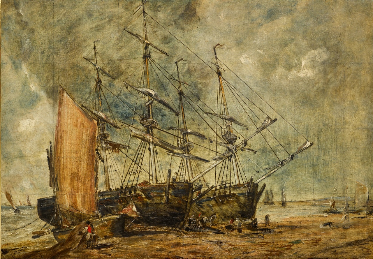 Colliers unloading on Hove Beach, looking towards Shoreham, Brighton《荷夫灘上卸貨的運煤船，遠眺布萊頓索爾海姆》 by John Constable
