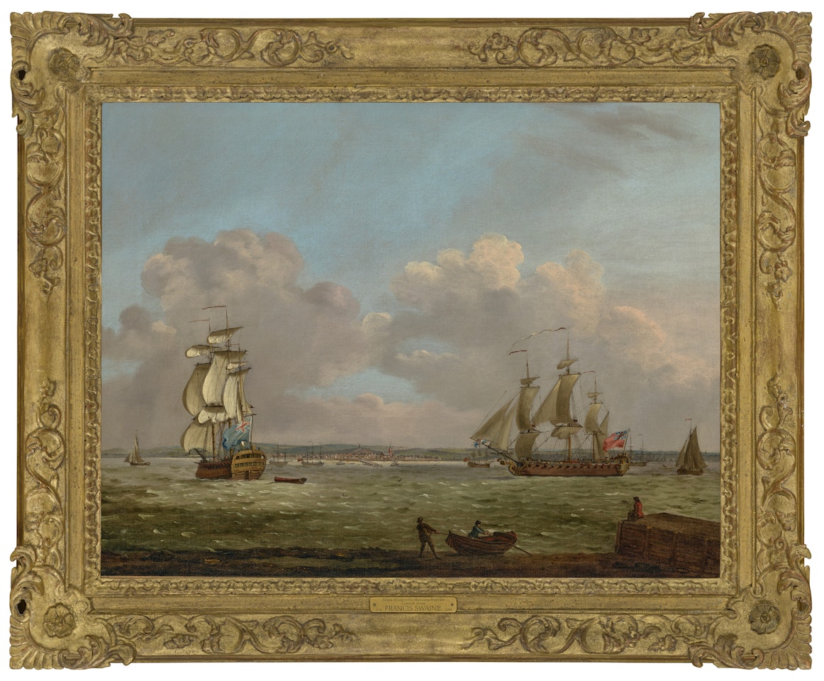 Men-o"war anchored in the Hamoaze, Plymouth docks and coastline beyond by Francis Swaine