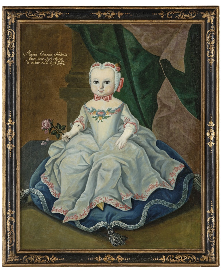 Portrait of Maria Eleonora Stieberin (1752-1752), in a silver dress with pink embroidery, holding a rose, on a tasseled blue cushion by German School
