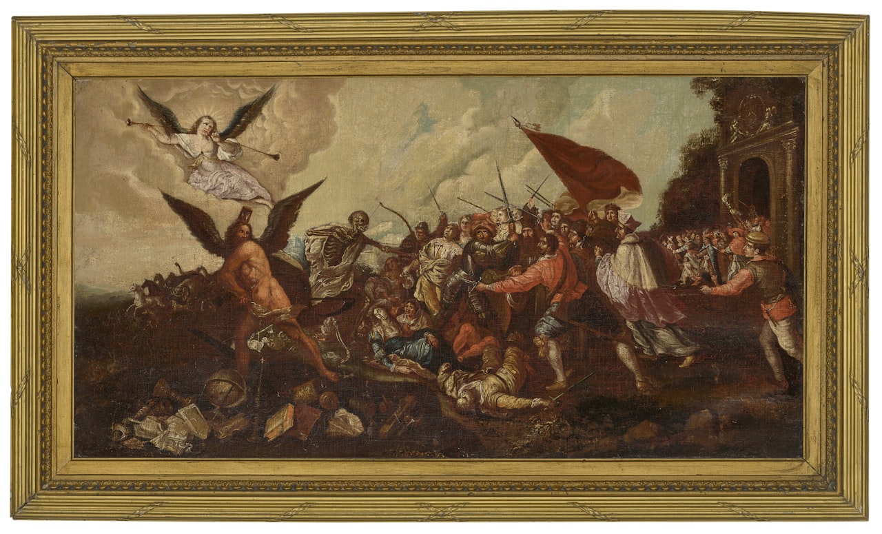 An Apocalyptic scene with Time and Death by Spanish School