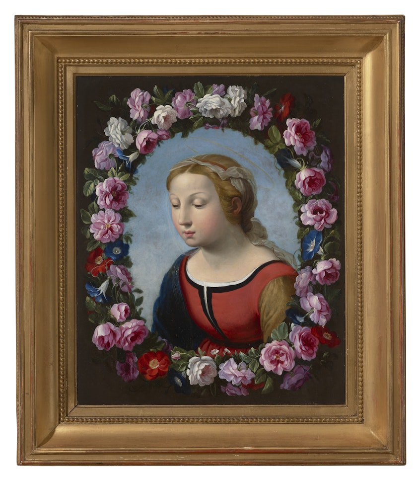 The Madonna surrounded by a floral garland by Roman School
