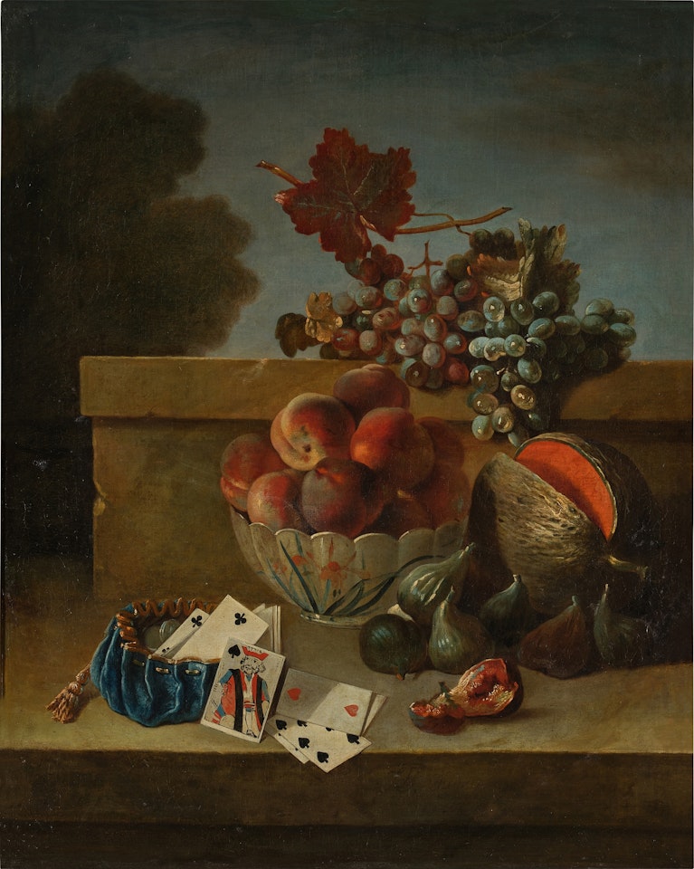 Still Life of Peaches in a Porcelain Bowl, Together with Grapes, Figs, a Melon, and a Purse with Coins and Playing Cards, all upon a Stone Ledge by Jean-Baptiste Oudry