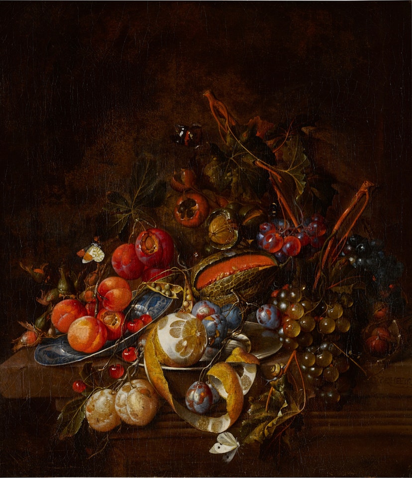 Still life of peaches, grapes, plums, a partially peeled lemon, medlars, a Wan-Li bowl, nuts, a snail and butterflies, all on a stone ledge by Cornelis de Heem