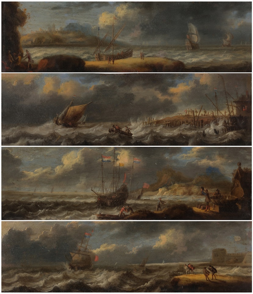 Group of four coastal scenes with Dutch vessels in stormy weather by Pieter van de Velde