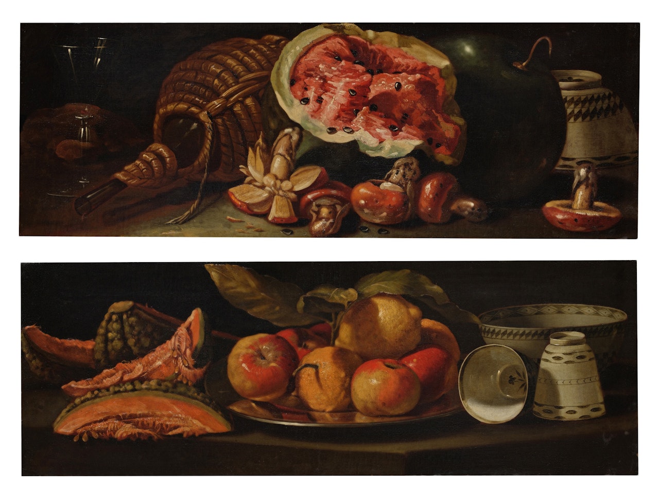 Still life with a wine glass, open cask, watermelon, and mushrooms; Still life with slices of melon, apples, a lemon, and ceramicware by Cristoforo Munari