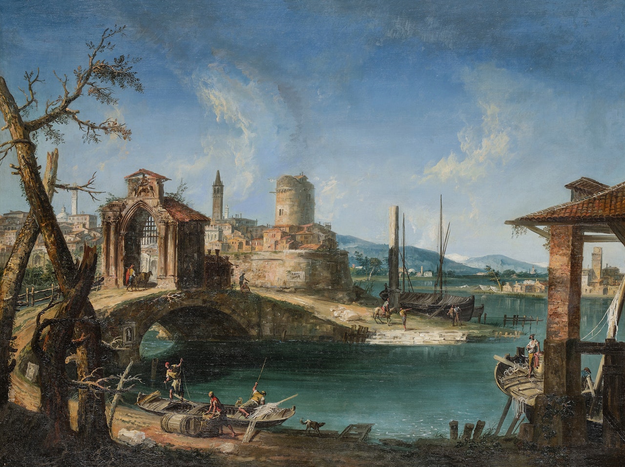 Capriccio of a Mediterranean coastal town with fishermen by a bridge by Michele Marieschi