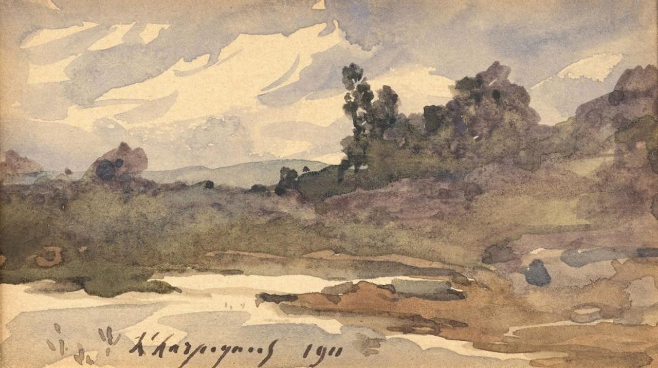 Paysage à la rivière Aquarelle by Henri Harpignies