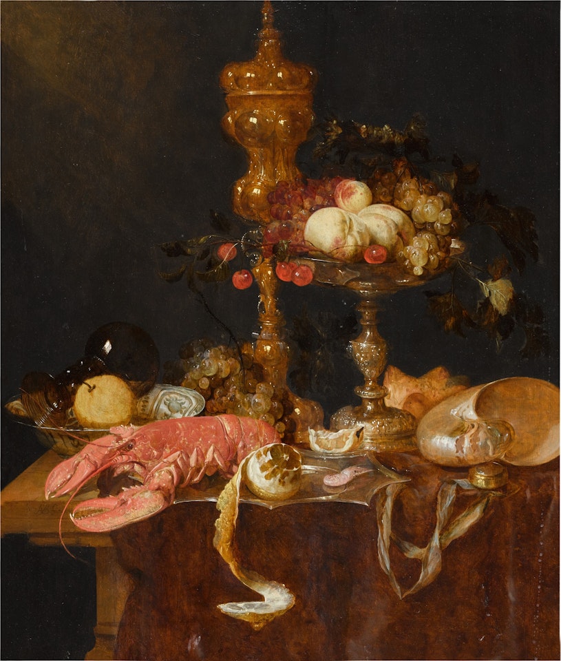 A still life with a lobster, a gilt cup, a tazza, a shell, a Wan-Li bowl and a clock, together with a lemon, grapes, peaches and cherries by Abraham van Beijeren