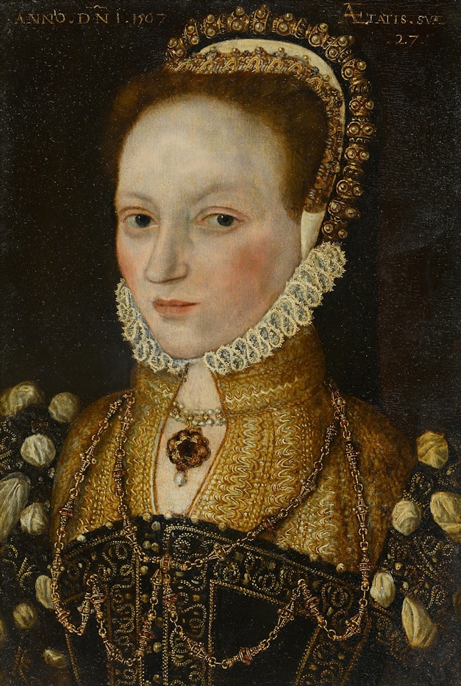 Portrait of a lady, bust-length, wearing an elaborate jewelled headpiece, and embroidered dress and chemise by Master of the Countess of Warwick