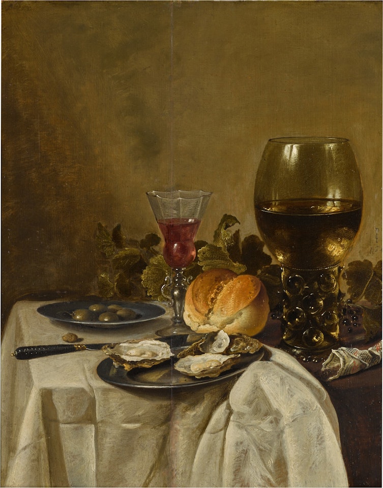 Still life with oysters, a roemer, a wine glass, bread roll and olives by Pieter Claesz