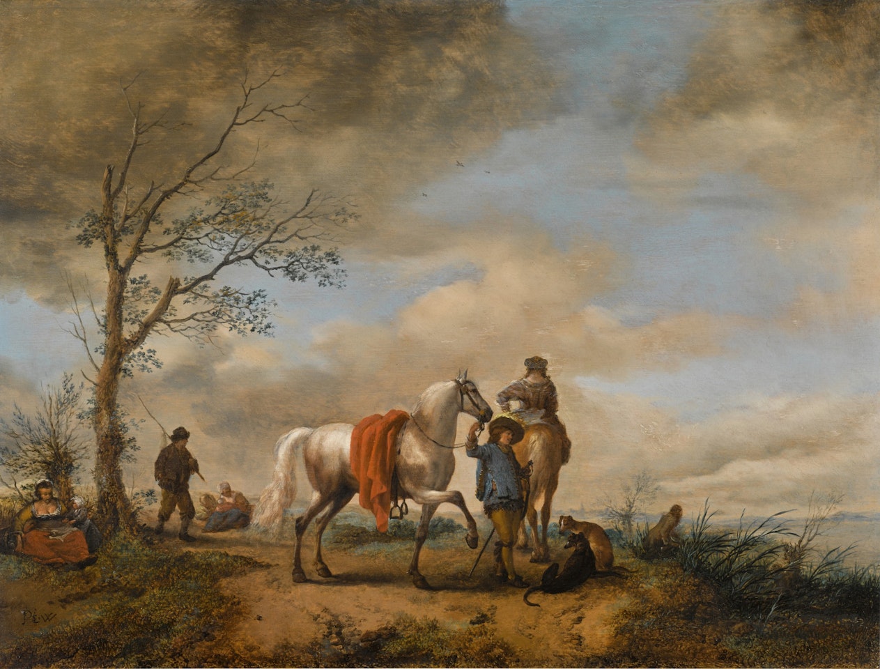 A lady and cavalier halted on a path, with figures on the bank by Philips Wouwerman