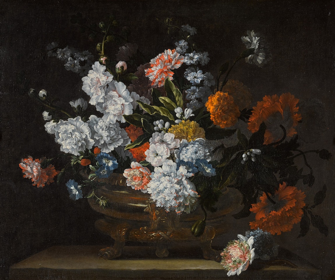 Still life with peonies, carnations, poppies, auriculas and other flowers, in a bronze urn on a stone ledge by Jean Baptiste Monnoyer