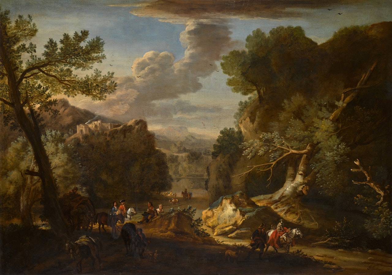 An Italianate landscape with cavaliers and drovers by John Wootton