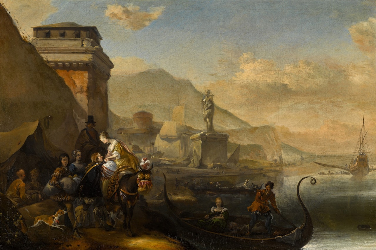 An Italianate harbour scene with elegant figures by Jan Weenix