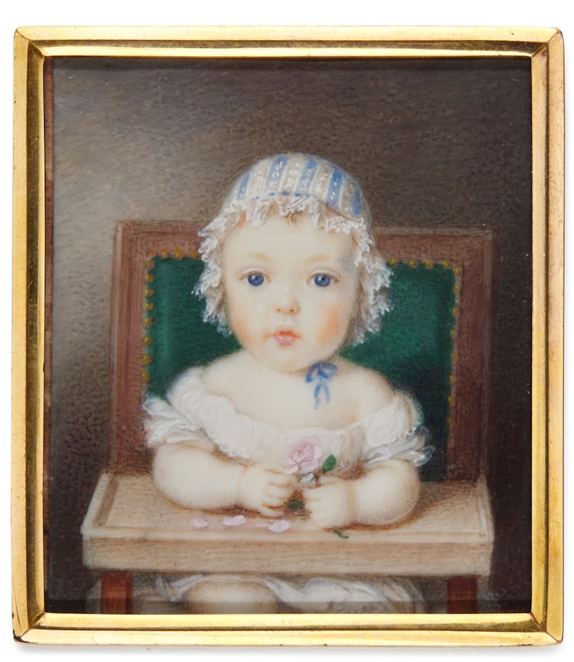 Portrait of a baby sitting in a high chair by Continental School